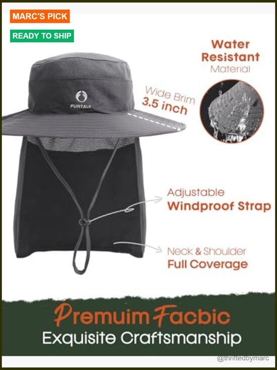 UPF 80+ Sun Hat with Neck Flap, Breathable Mesh, Adjustable Drawstring, main image 7